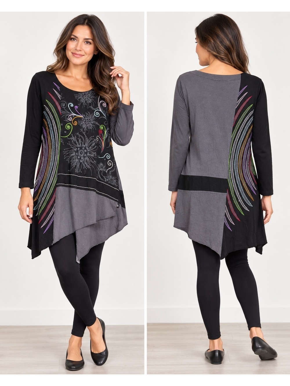Leopards & Roses Women’s XL Black Embroidered Asymmetrical Tunic Nepal
